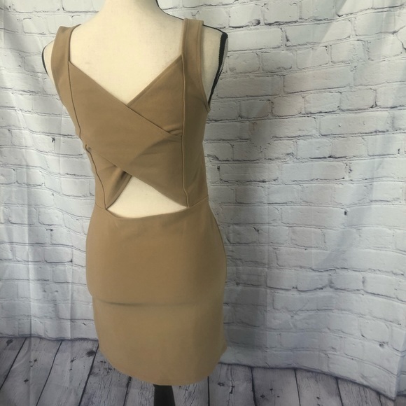 New Tan Bodycon Mini Dress Statement Back - Picture 1 of 4